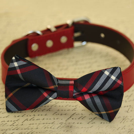 Navy Dog Bow Tie attached to collar, Pet accessory, Plaid Red wedding , Wedding dog collar