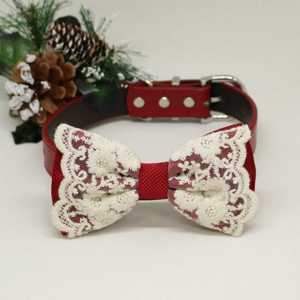 Red Lace Dog Bow Tie Collar, Red leather dog collar,Handmade, leather dog collar,Girl dog collar, Dog ring bearer,wedding accessory, Dog collar , Wedding dog collar