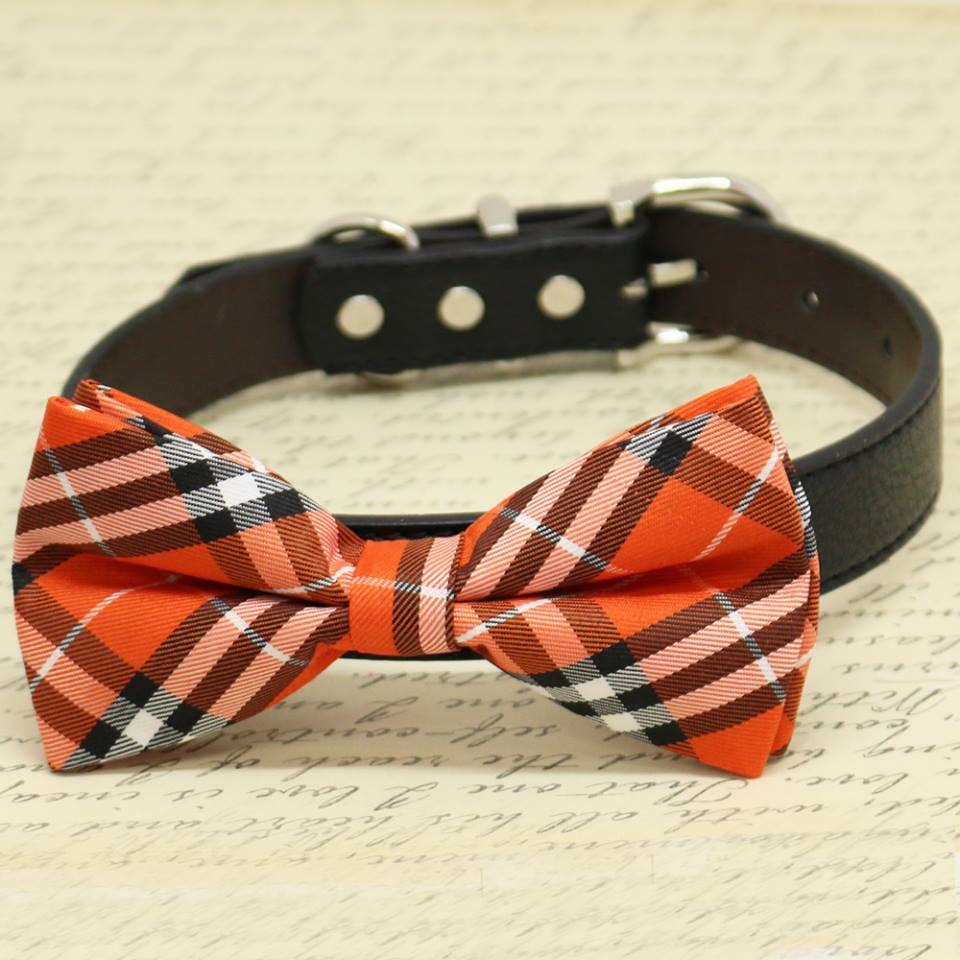 Orange Plaid Dog Bow tie with High Quality Leather Collar, Chic Dog Bow tie , Wedding dog collar