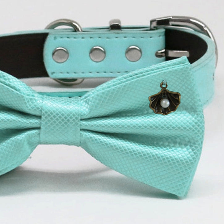 Aqua bow tie Leather collar XS to XXL collar and bow tie adjustable Dog ring bearer dog ring bearer Puppy bow Seashell Pearl Aqua Splash , Wedding dog collar