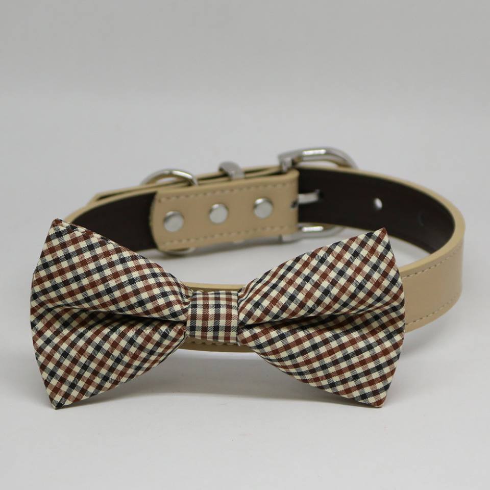 Plaid Brown Black Ivory bow tie dog collar, Pet Wedding Accessories, Handmade Gifts , Wedding dog collar