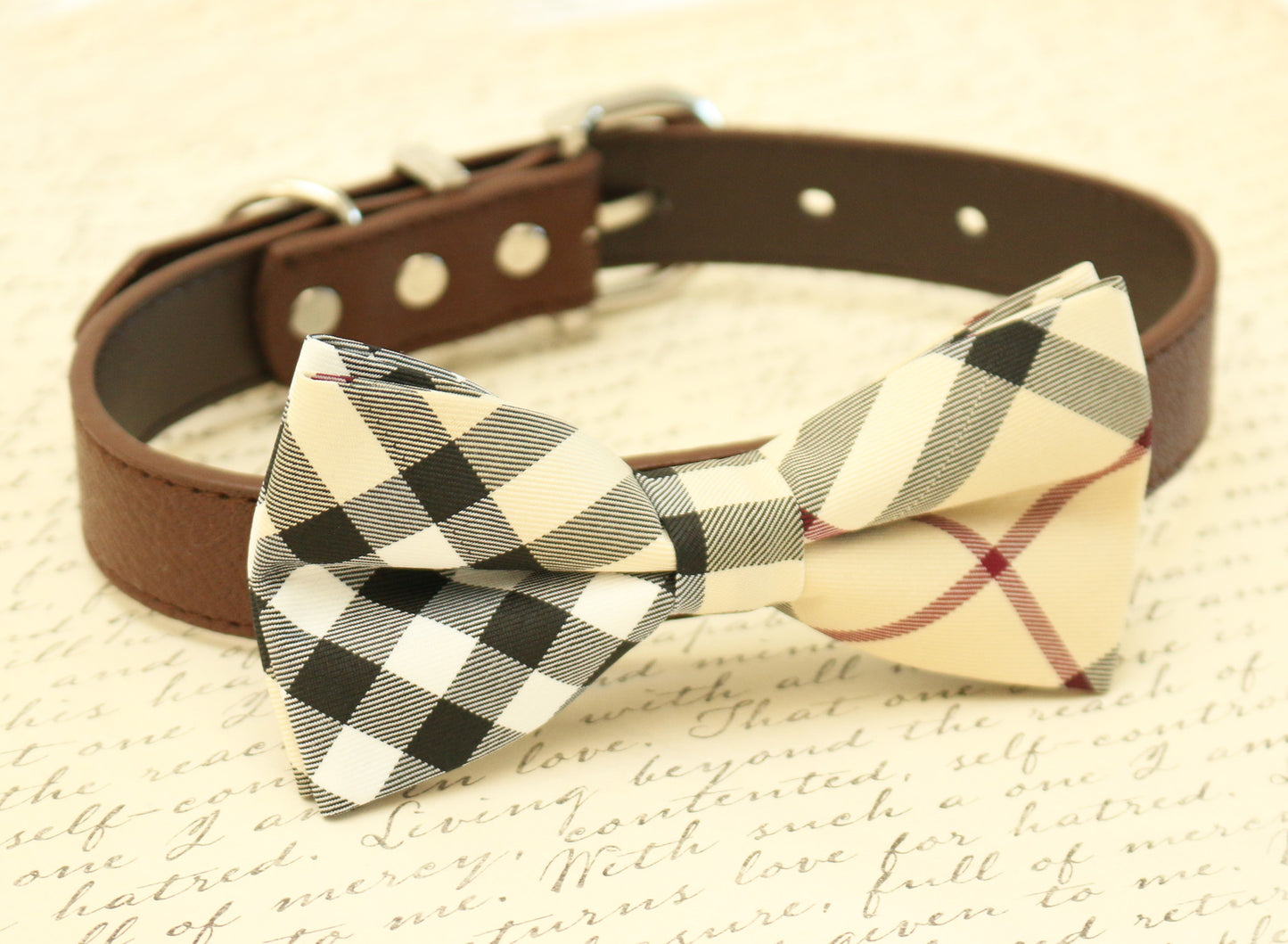 Plaid Burly wood Dog Bow Tie attached to collar, Chic Dog Bow tie, dog birthday , Wedding dog collar