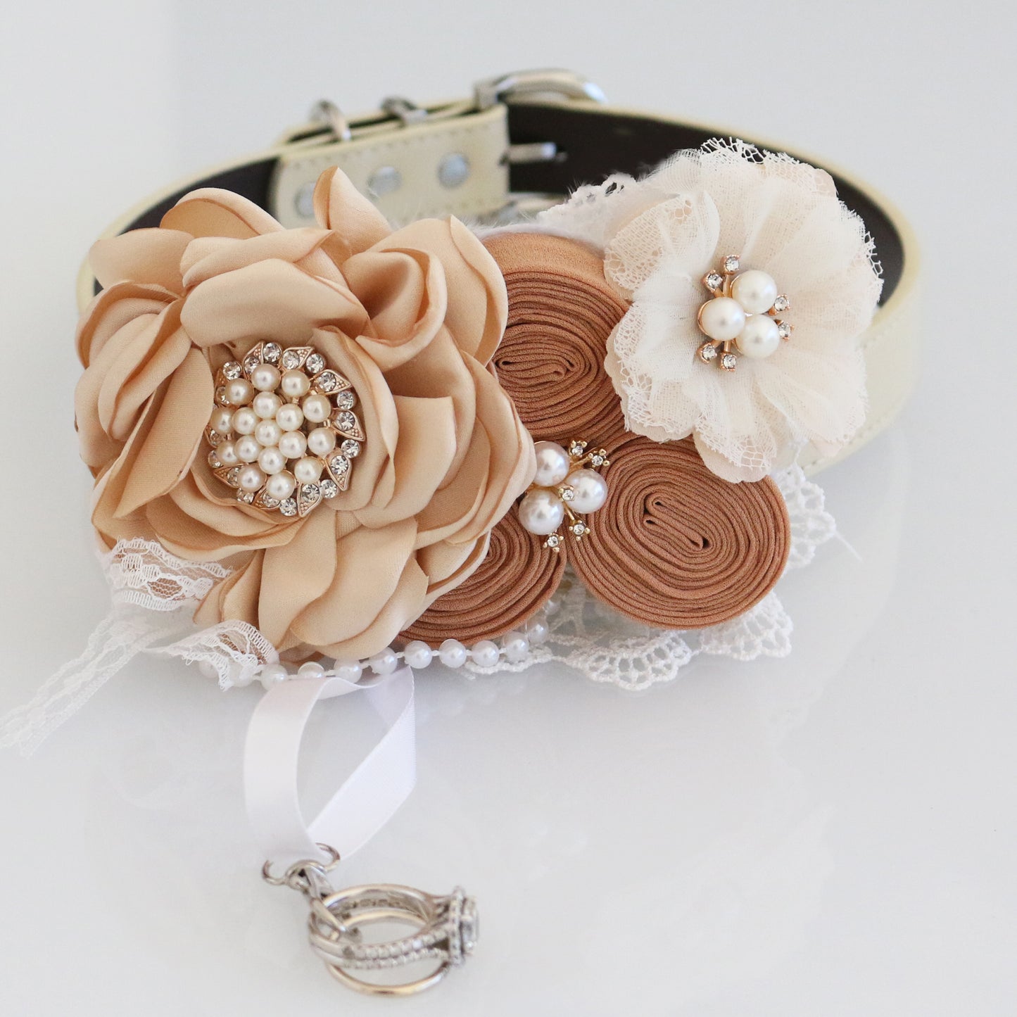 Terracotta wedding Ivory champagne pearl beaded flower collar, dog of honor ring bearer adjustable handmade M to XXL collar, Proposal