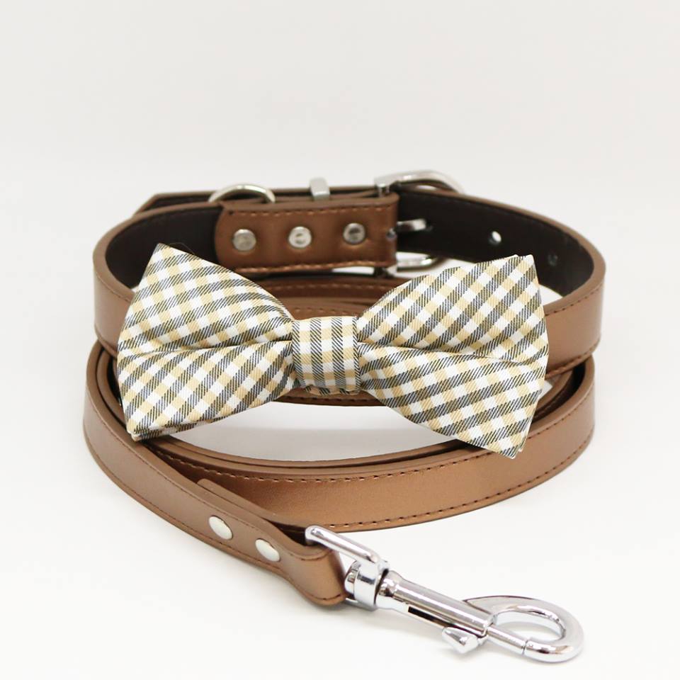 Champagne Plaid Dog Bow Tie, Copper Collar Leash, Handmade Gifts, Puppy Love , Wedding dog collar
