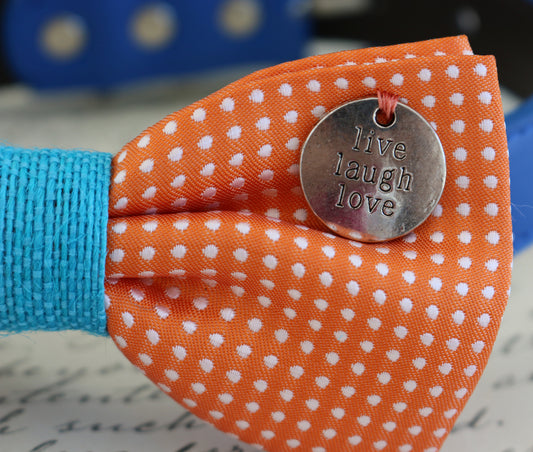 Polka dots orange dog bow tie with charm attached to collar, dog birthday gift , Wedding dog collar