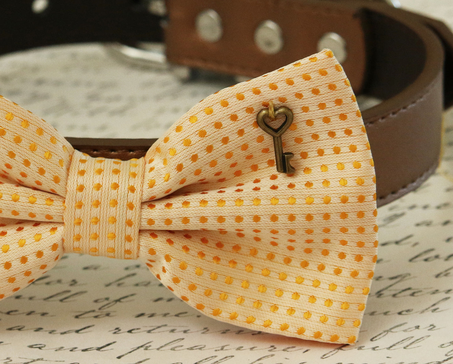 Cream dog bow tie collar, Pet accessory, Heart Key, Country Rustic wedding , Wedding dog collar
