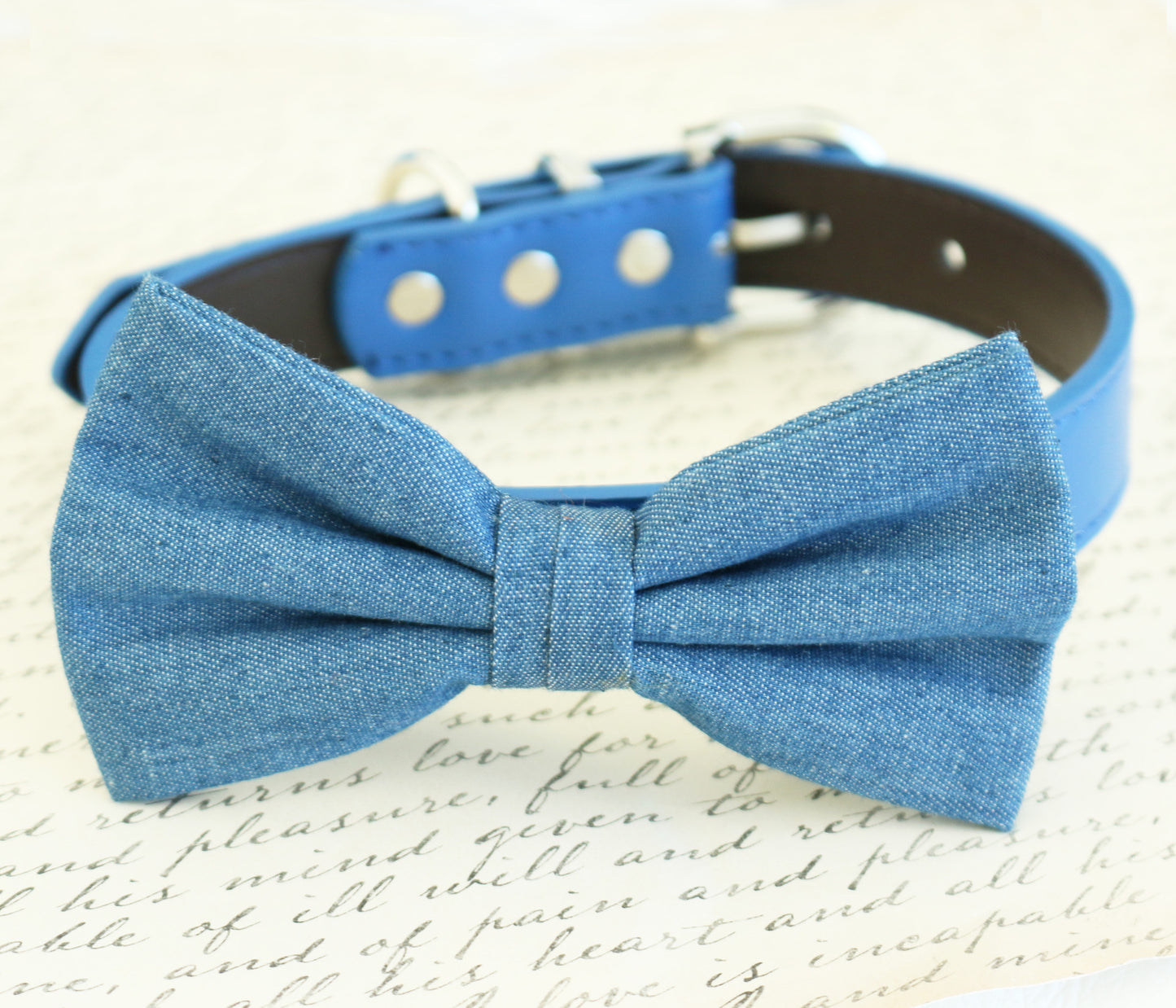 Denim dog Bow tie attached to collar, Wedding, Dog birthday, dog lovers , Wedding dog collar