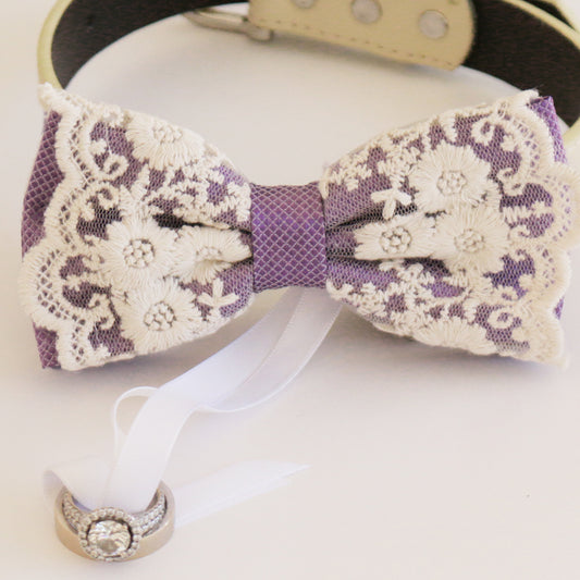 Dusty lavender lace bow tie collar Leather collar Dog ring bearer ring bearer adjustable handmade M to XXL collar bow, Proposal , Wedding dog collar