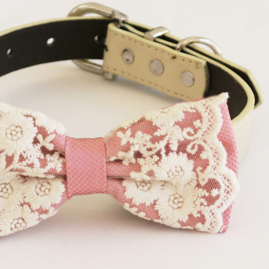 Handmade Dusty rose bow tie collar Leather collar Dog ring bearer ring bearer adjustable handmade M to XXL collar bow , Wedding dog collar