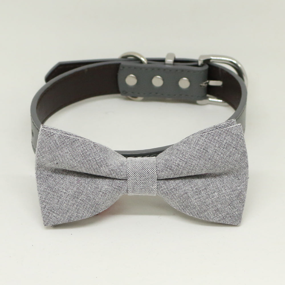 Gray Dog Bow Tie Collar, Gray leather dog collar,Handmade , Wedding dog collar