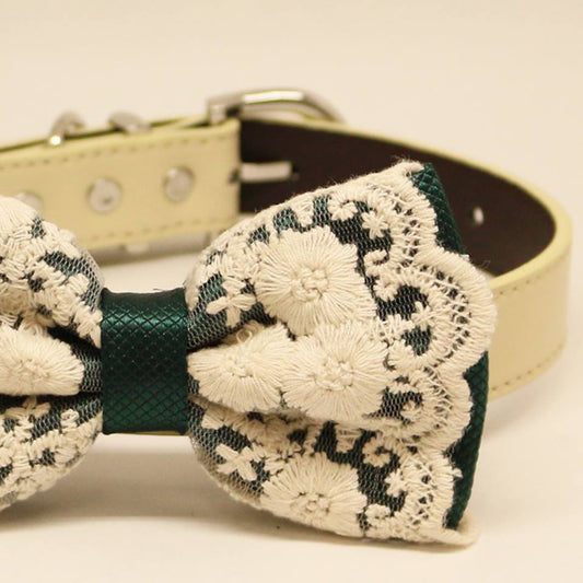 Dark Green Bow Tie with Lace Dog Collar, Pet Wedding accessory, gift, Victorian, Birthday , Wedding dog collar
