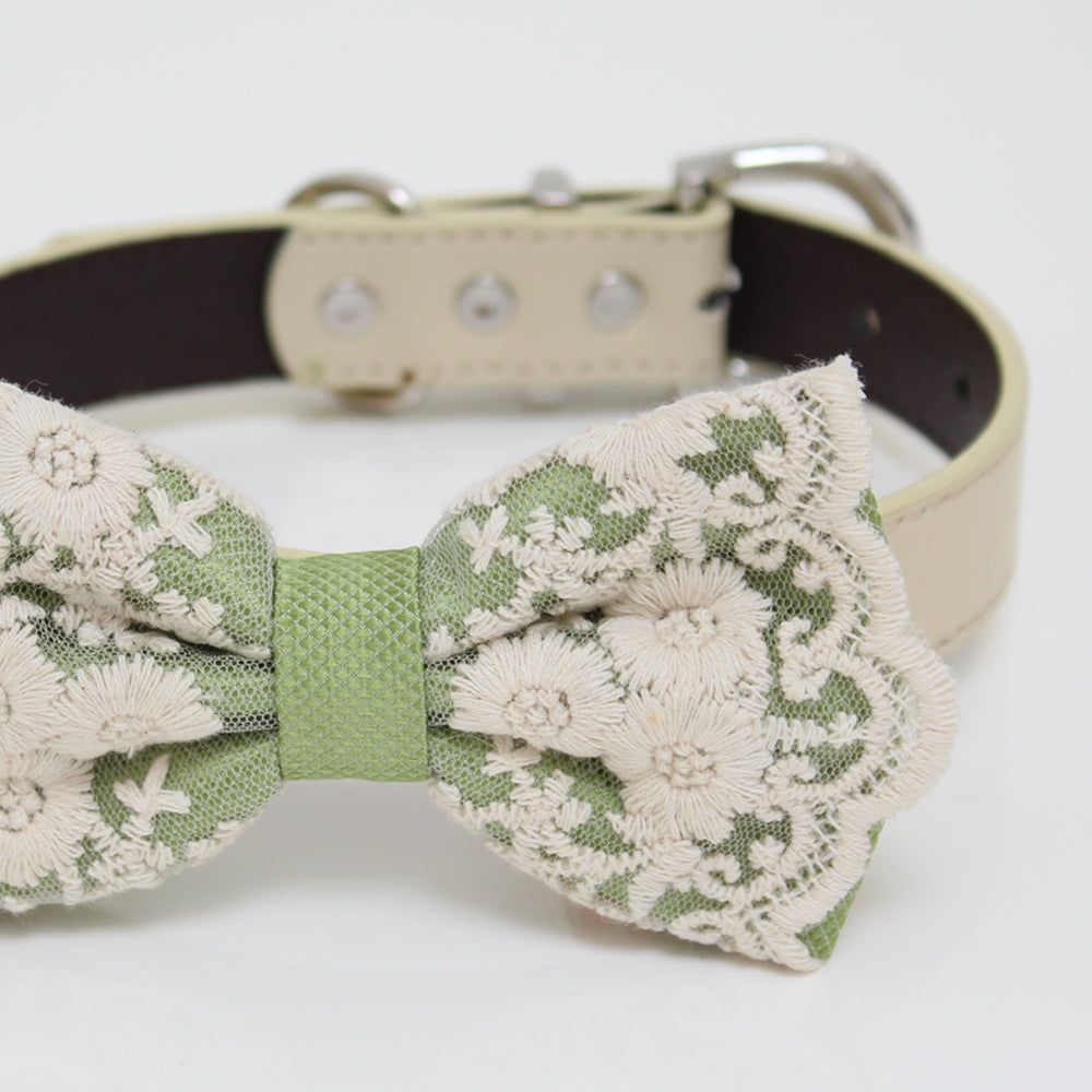 Green Bow tie collar, Green lace Bow tie attach to Ivory, brown, Copper, Champagne, gray, green or white leather collar, handmade , Wedding dog collar