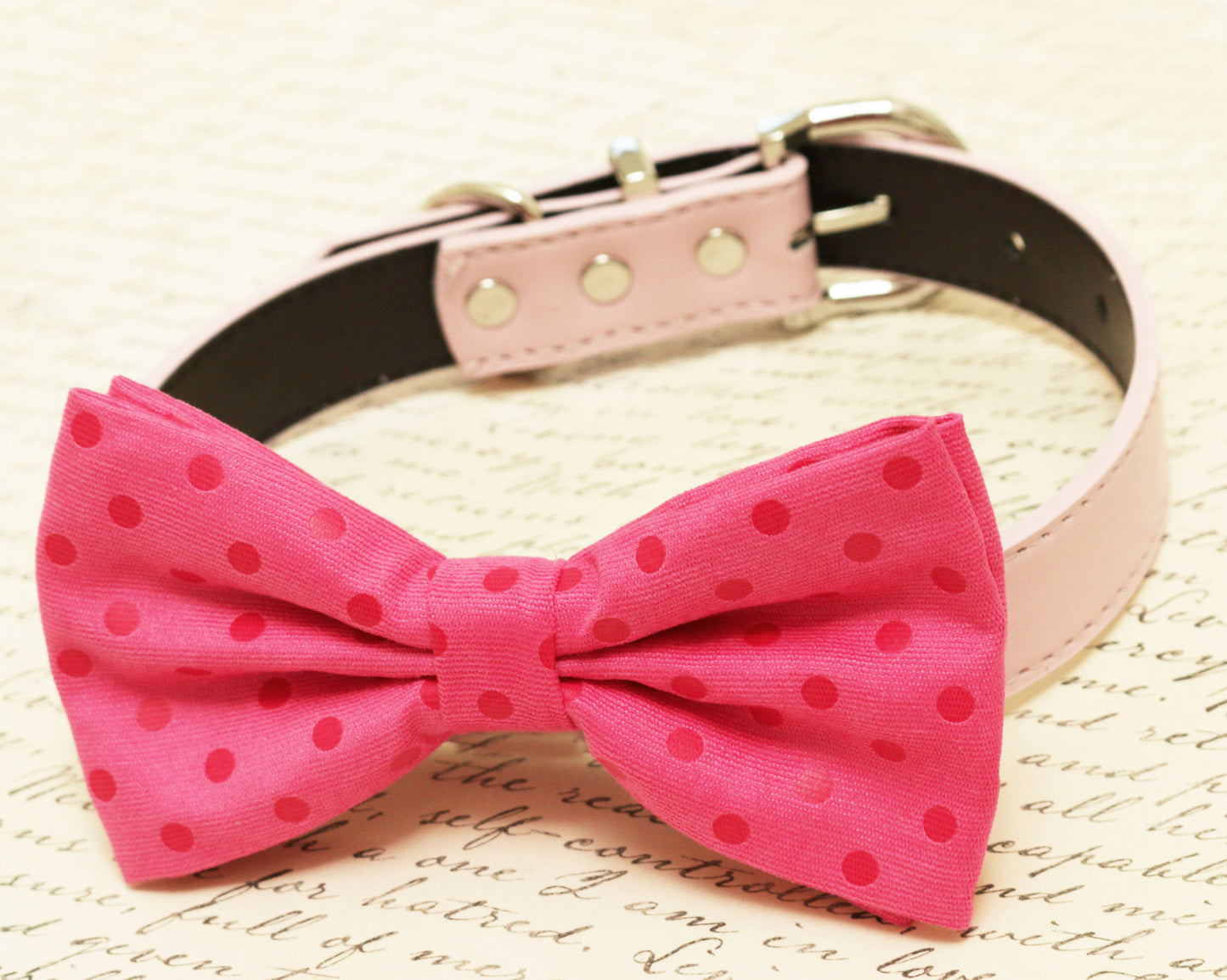 Hot pink dog Bow tie attached to collar, Pet wedding Polka dots bow tie , Wedding dog collar