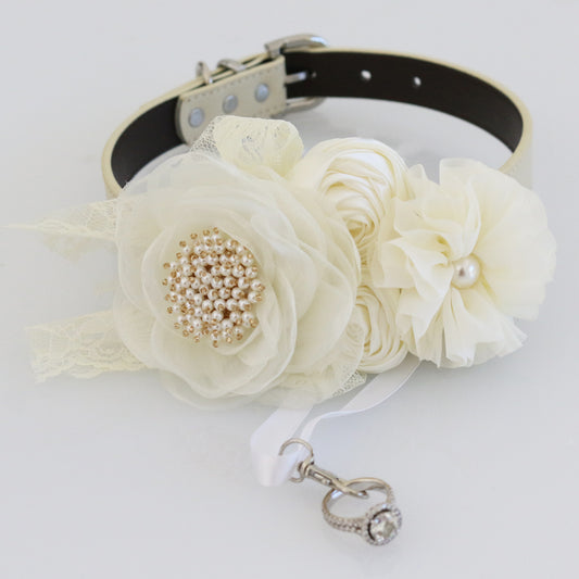 Ivory Pearl beaded lace Flower dog collar, dog of honor ring bearer proposal S to XXL collar, handmade High quality flower collar, Proposal