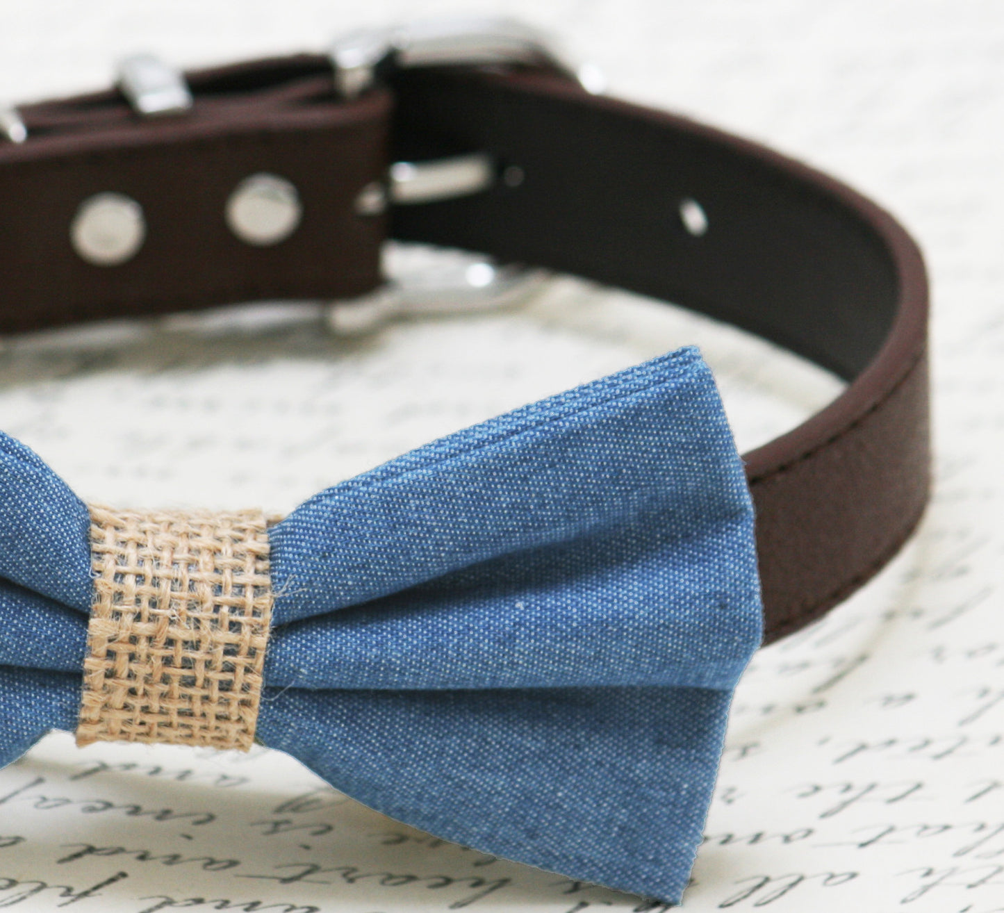Blue Burlap dog bow tie collar, dog birthday gift, denim bow tie , Wedding dog collar