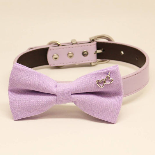 Lavender Dog Bow tie Collar, Charm (Double Heart), birthday gift, Pet wedding accessory , Wedding dog collar
