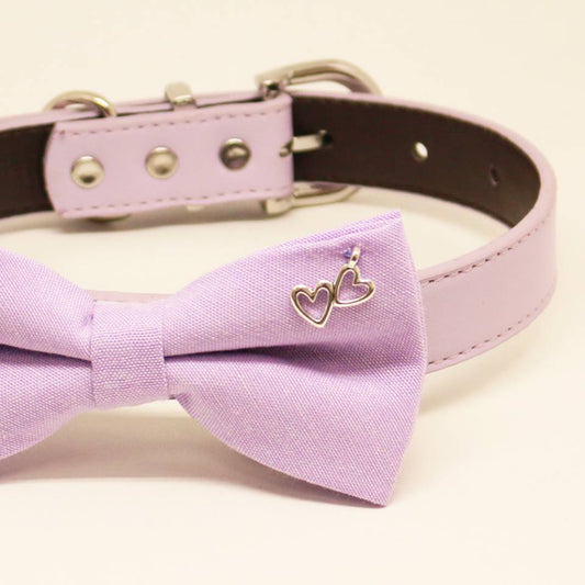 Lavender Dog Bow tie Collar, Charm (Double Heart), birthday gift, Pet wedding accessory , Wedding dog collar