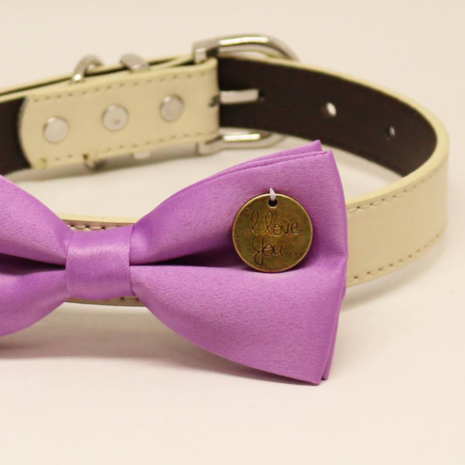Lavender Dog Bow Tie collar, Pet wedding accessory, Charm (I Love You), Puppy, birthday gift , Wedding dog collar