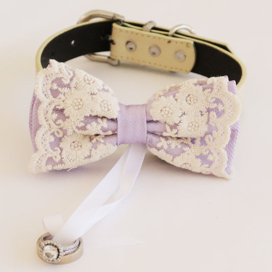 Handmade Lace lilac bow tie collar Leather collar Dog ring bearer ring bearer adjustable handmade M to XXL collar bow, Proposal , Wedding dog collar