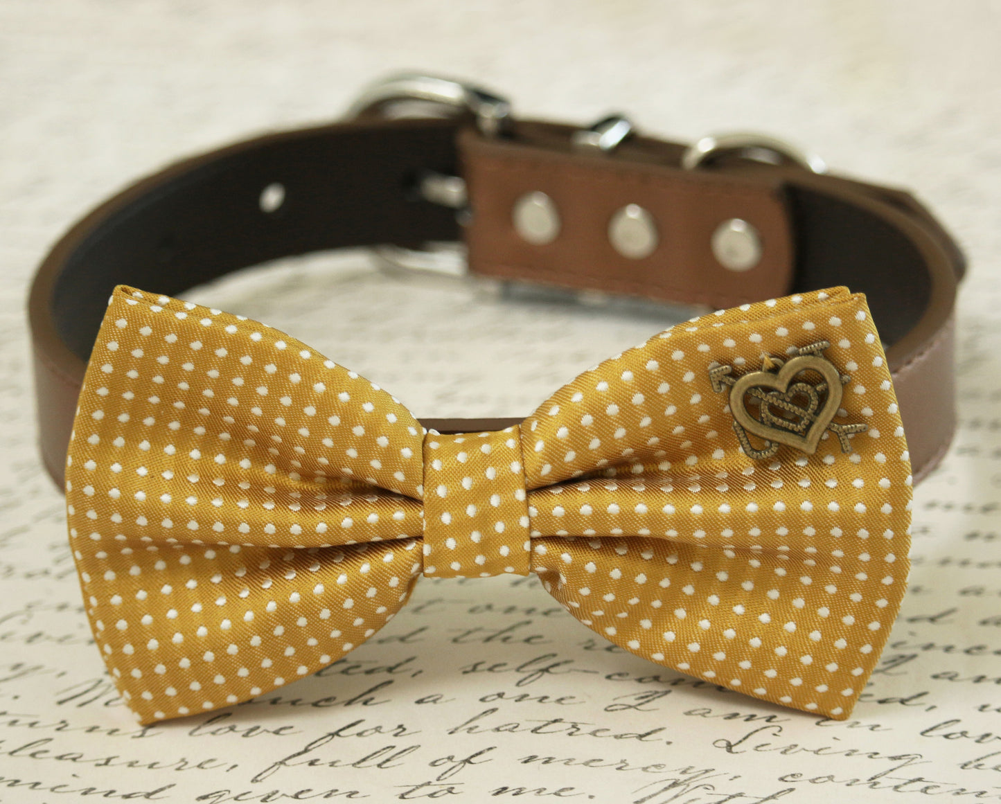 Mustard Dog Bow Tie collar, Pet wedding accessory, Country Rustic, Heart , Wedding dog collar