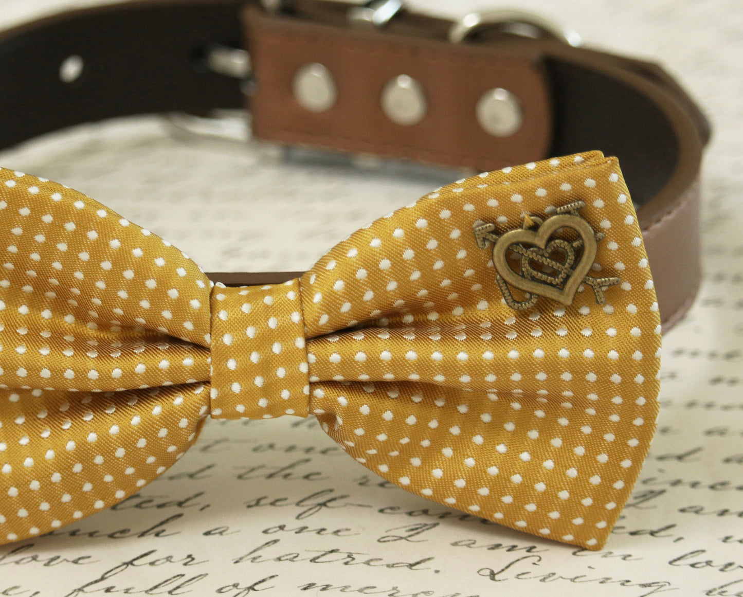 Mustard Dog Bow Tie collar, Pet wedding accessory, Country Rustic, Heart , Wedding dog collar