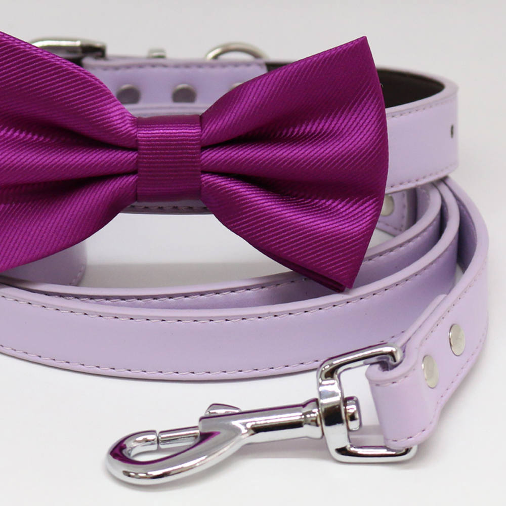 Magenta Bow tie Dog collar Lilac Leash, Handmade, Proposal, Pet wedding , Wedding dog collar