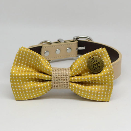 Dog Collar, Mustard Polka Dots Bow Tie collar, Pet wedding, Charm(Live,Laugh,Love), Puppy, Burlap , Wedding dog collar