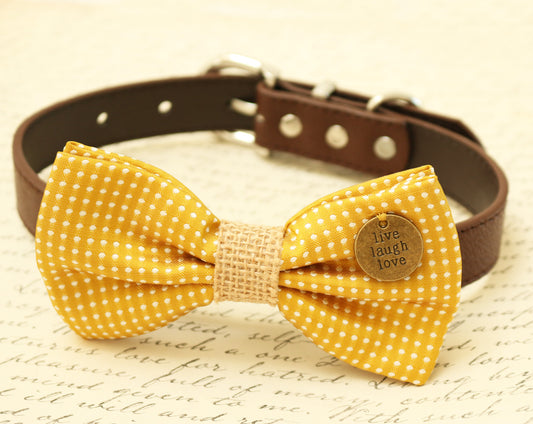 Mustard Dog Bow Tie attached to brown dog collar, Burlap wedding , Wedding dog collar