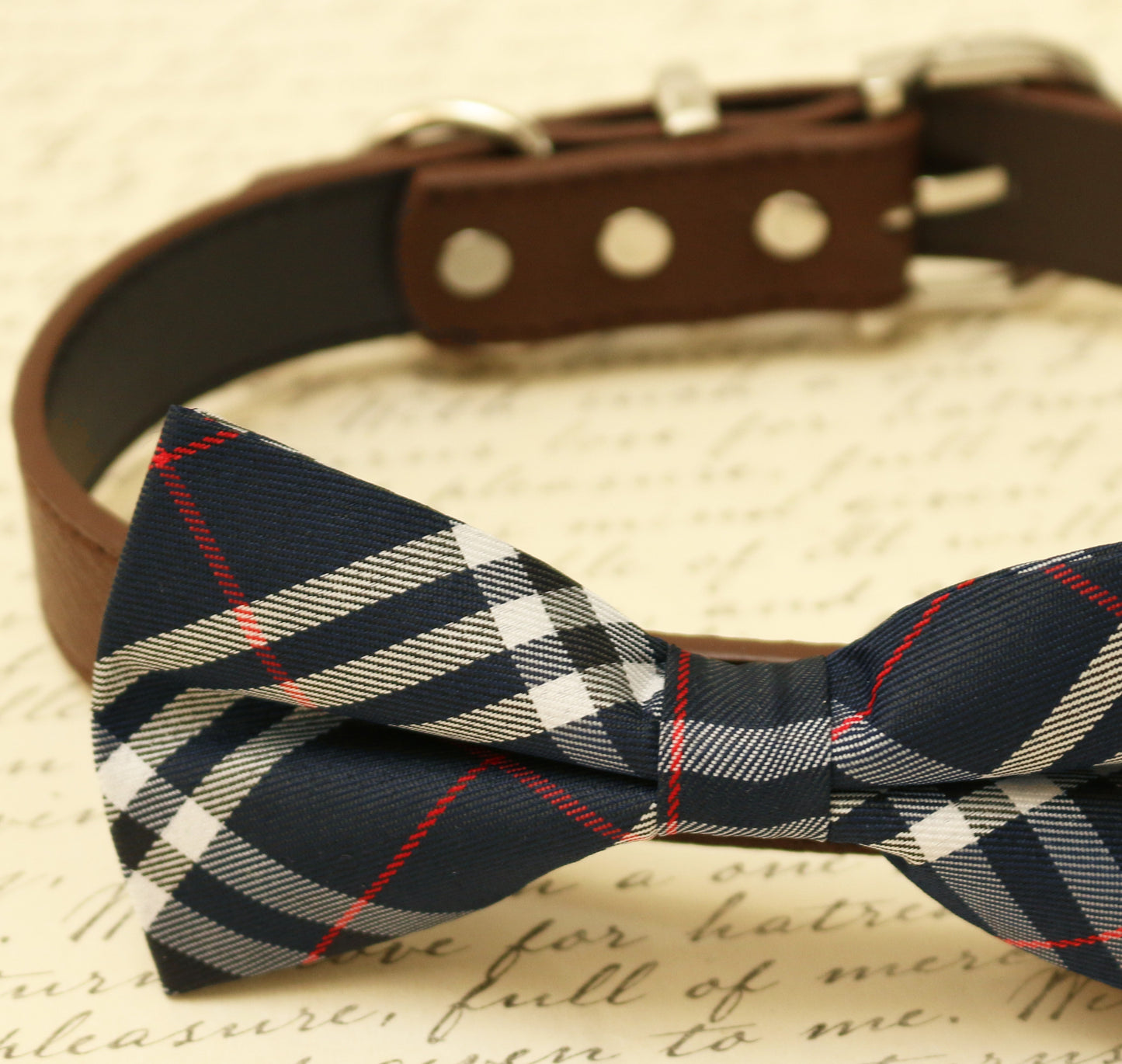 Navy and brown dog bow tie collar, Plaid Pet wedding, Gift , Wedding dog collar