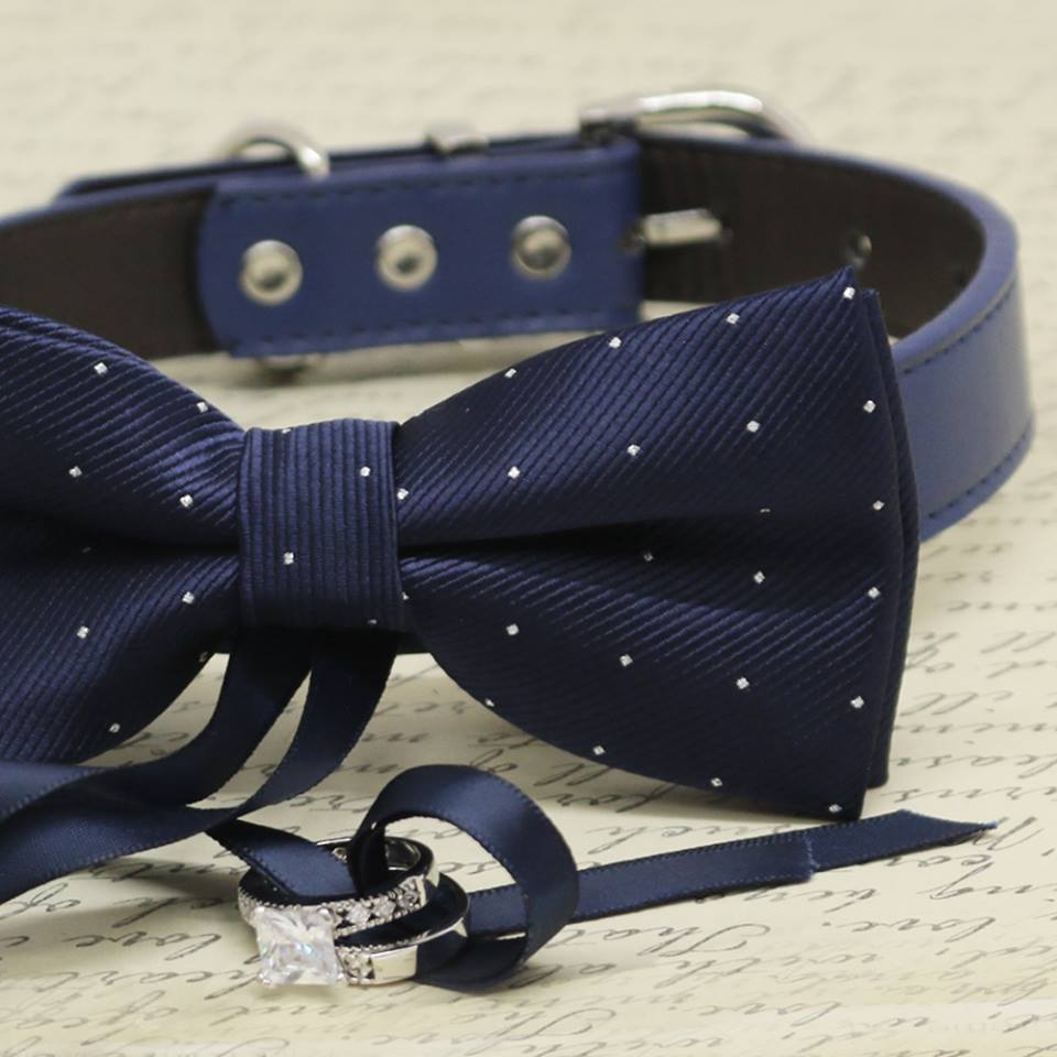 Starlight Dog Bow Tie Collar, Ring Bearer, Pet Wedding, Proposal, Navy Blue , Wedding dog collar