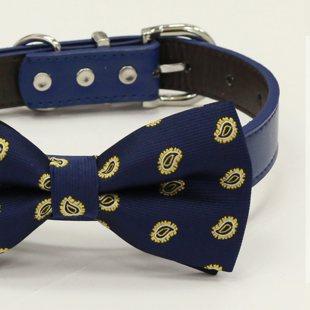 Navy Gold dog bow tie collar, Navy leather dog collar, Black, Gray, Brown, Ivory, Orange, blue, navy dog collar, Boy dog collar, Handmade , Wedding dog collar