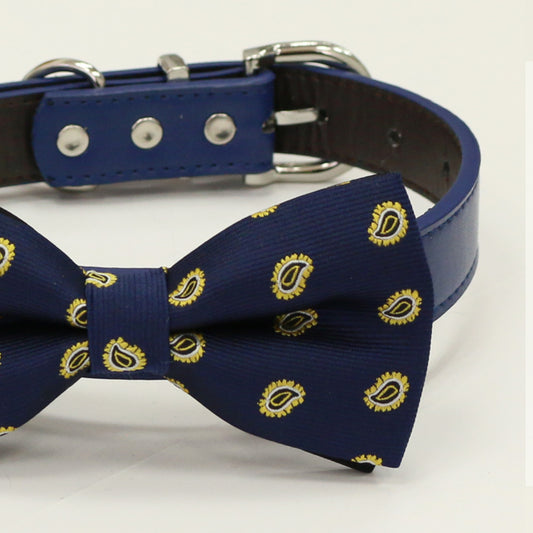Navy Gold dog bow tie collar, Navy leather dog collar, Black, Gray, Brown, Ivory, Orange, blue, navy dog collar, Boy dog collar, Handmade , Wedding dog collar