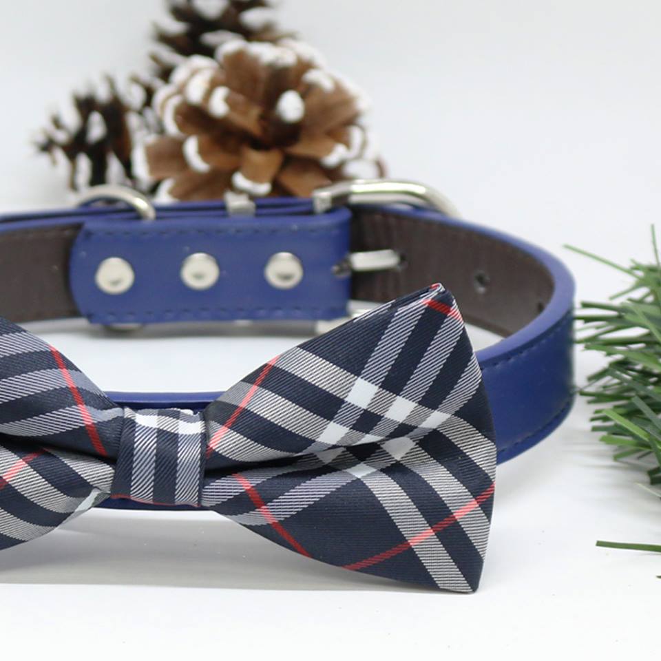 Plaid dog Navy bow tie Collar, Wedding lovers, dog birthday gift, Christmas Pet accessory , Wedding dog collar