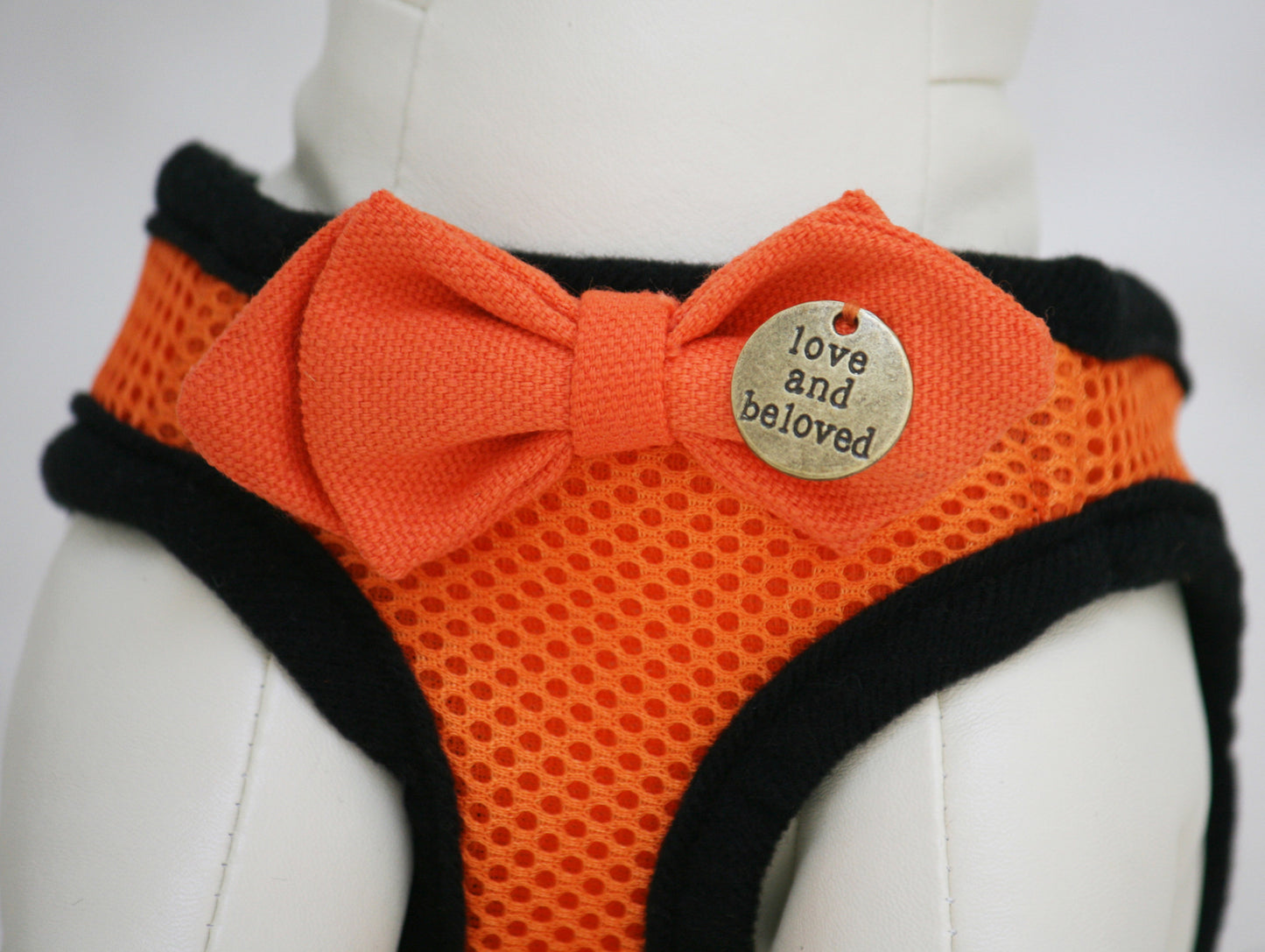 Orange Dog Harness with bow and a black leash, charm, Love and Beloved, Birthday Gift , Wedding dog collar