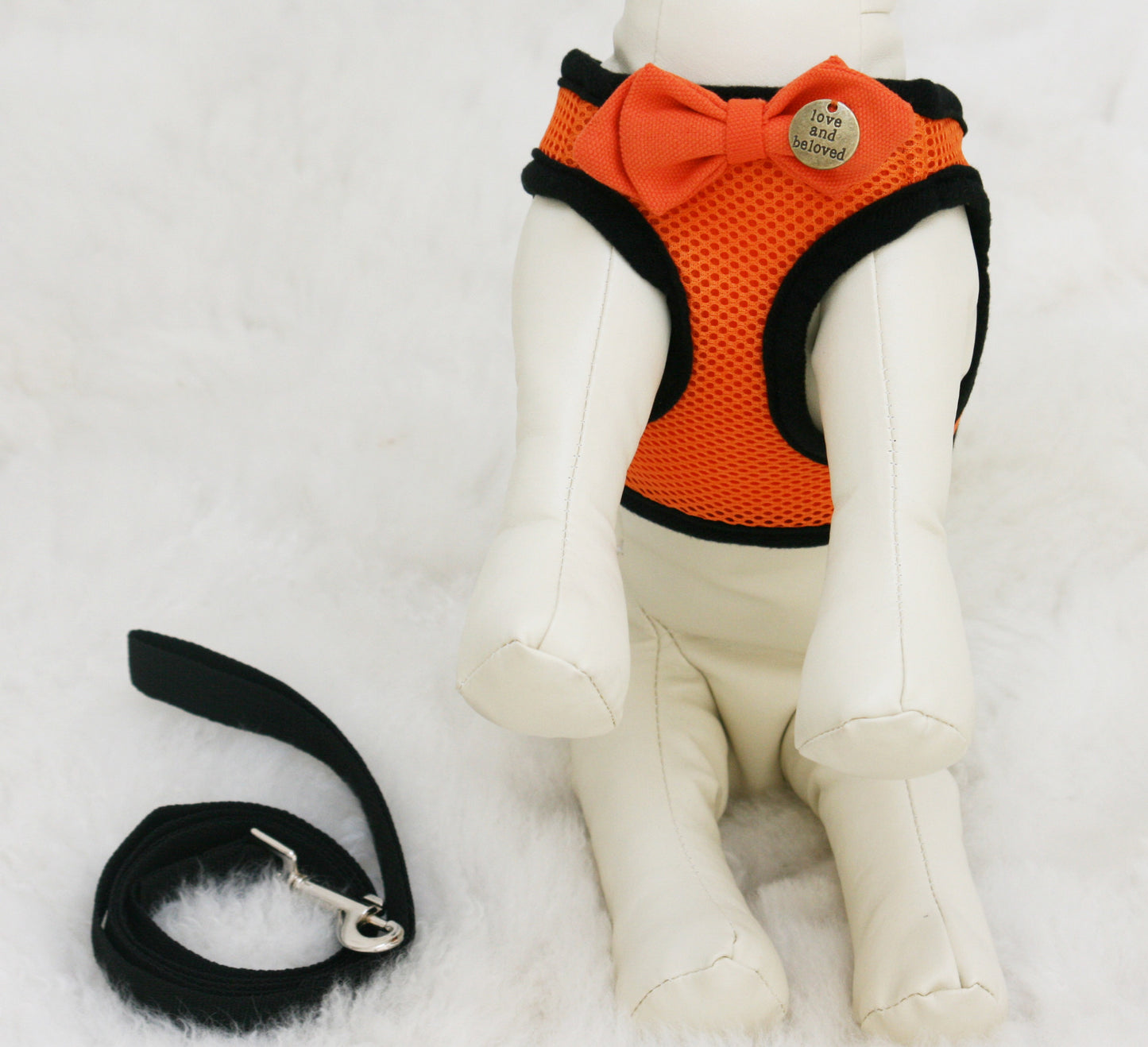 Orange Dog Harness with bow and a black leash, charm, Love and Beloved, Birthday Gift , Wedding dog collar