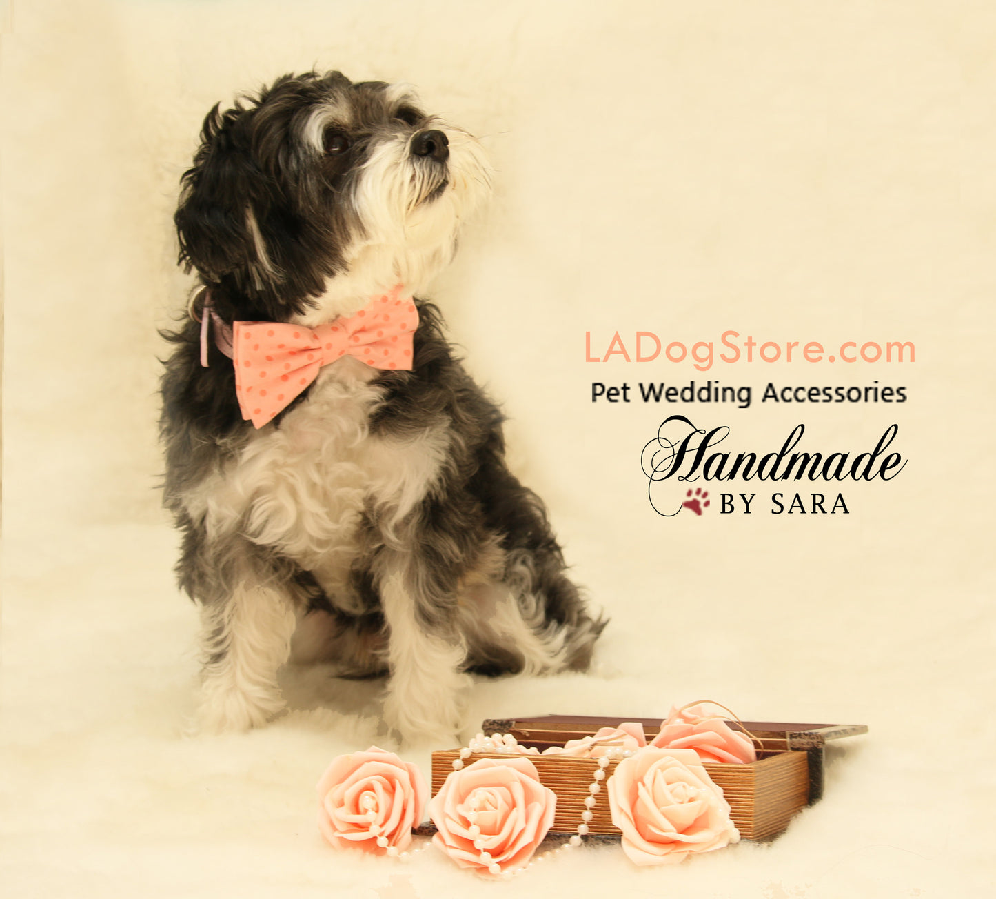 Peach dog bow tie attaches to collar, dog lovers, peach wedding accessory , Wedding dog collar