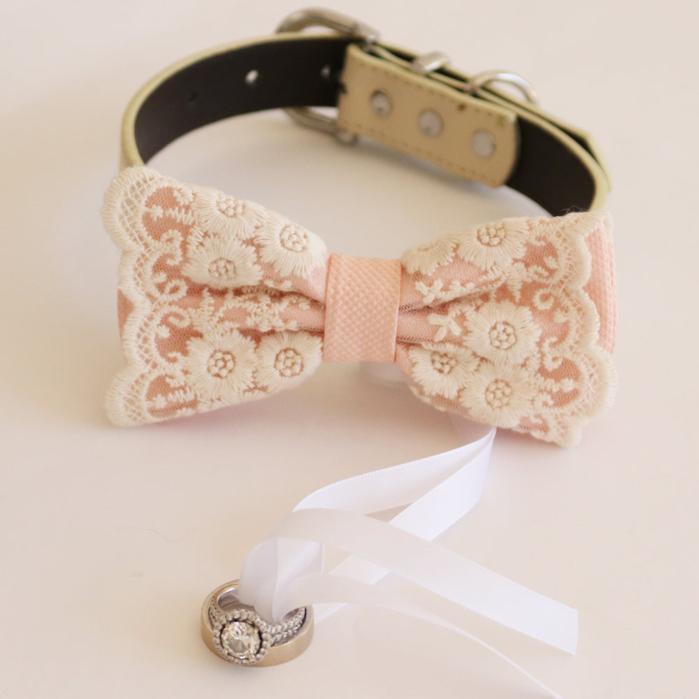 Handmade Pearl blush bow tie collar Leather collar Dog ring bearer ring bearer adjustable handmade M to XXL collar bow, Puppy, Proposal , Wedding dog collar