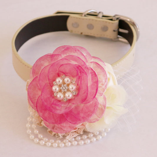 Ivory Pink Flower dog collar, Hand-painted flower beaded pearl, handmade flower collar, Dog ring bearer, proposal or every day use, S to XXL collar , Wedding dog collar
