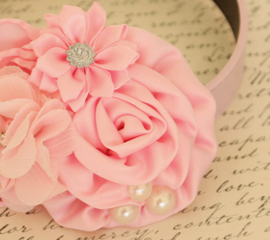 Pink Floral dog collar, Pink wedding, Flowers, Pearl , Wedding dog collar