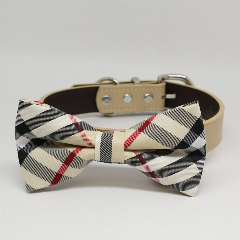Plaid Burly wood dog bow tie with collar, Plaid wedding dog ideas, pet wedding , Wedding dog collar