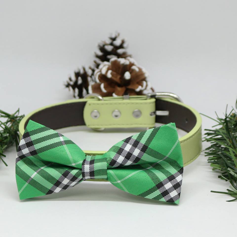 Plaid Burly wood Green Dog Bow Tie collar, Christmas Gifts, Green Dog birthday, Wedding accessory , Wedding dog collar