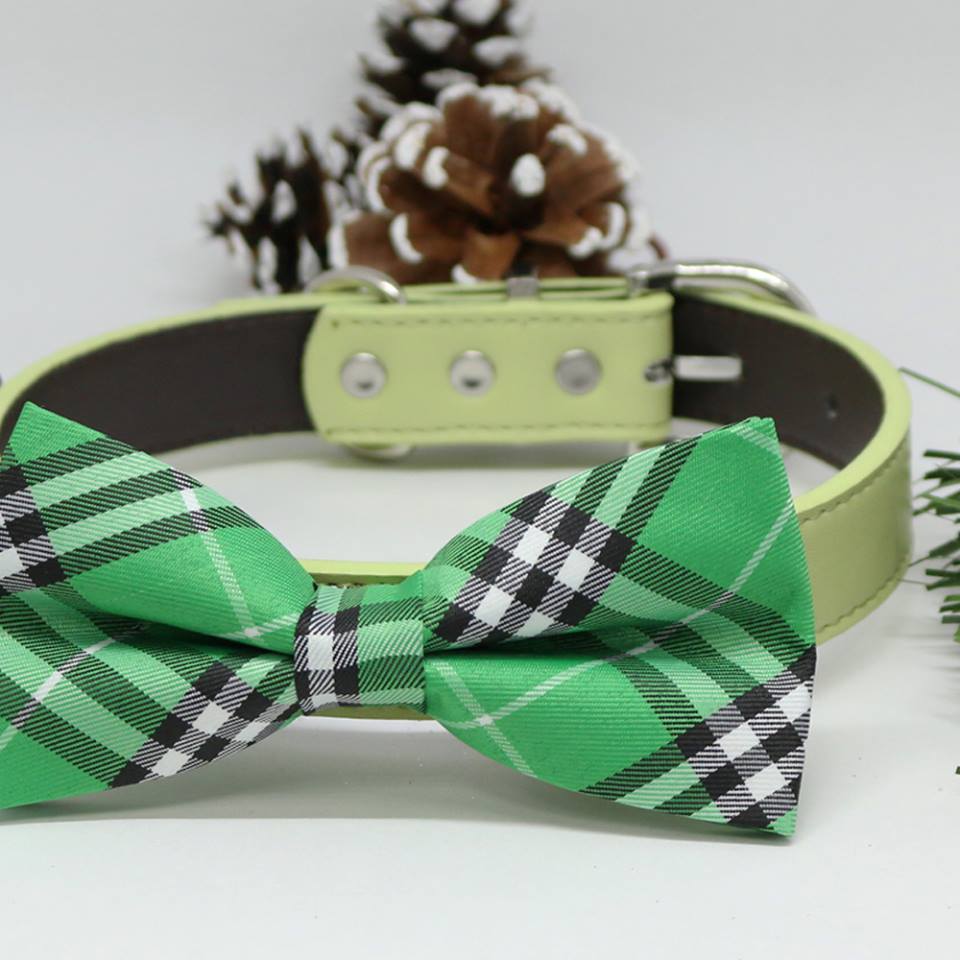 Plaid Burly wood Green Dog Bow Tie collar, Christmas Gifts, Green Dog birthday, Wedding accessory , Wedding dog collar