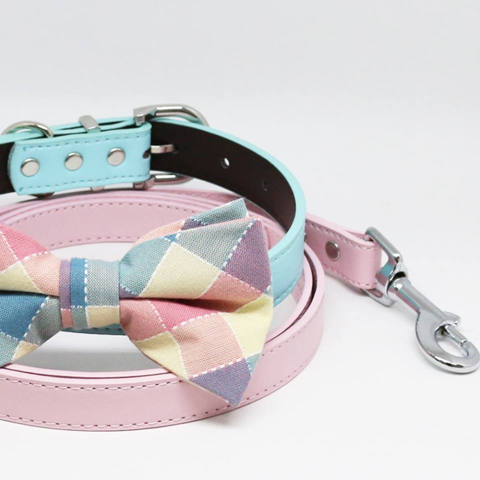 Plaid Pink Blue Bow tie Collar Pink Leash, Handmade, Puppy Gift, Dogs wedding, Pet accessory , Wedding dog collar