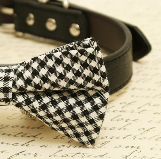Black dog Bow tie attached to collar, Pet wedding, Plaid black bow tie , Wedding dog collar