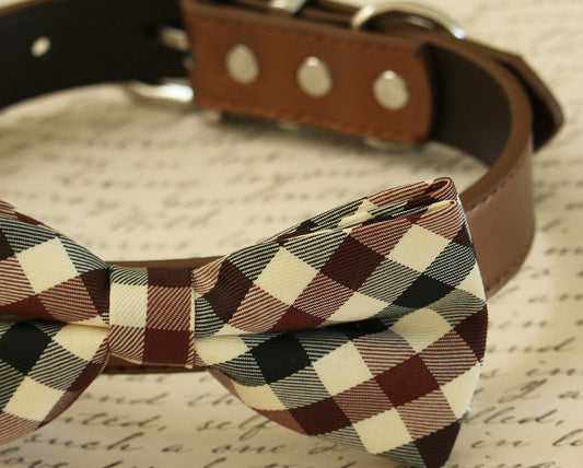 Plaid dog bow tie collar, Black, Brown and Ivory bow, Dog collar , Wedding dog collar