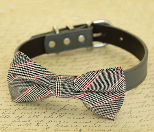 Plaid dog Bow Tie attached to collar, Dog birthday gift, dog lovers, Gray Wedding , Wedding dog collar