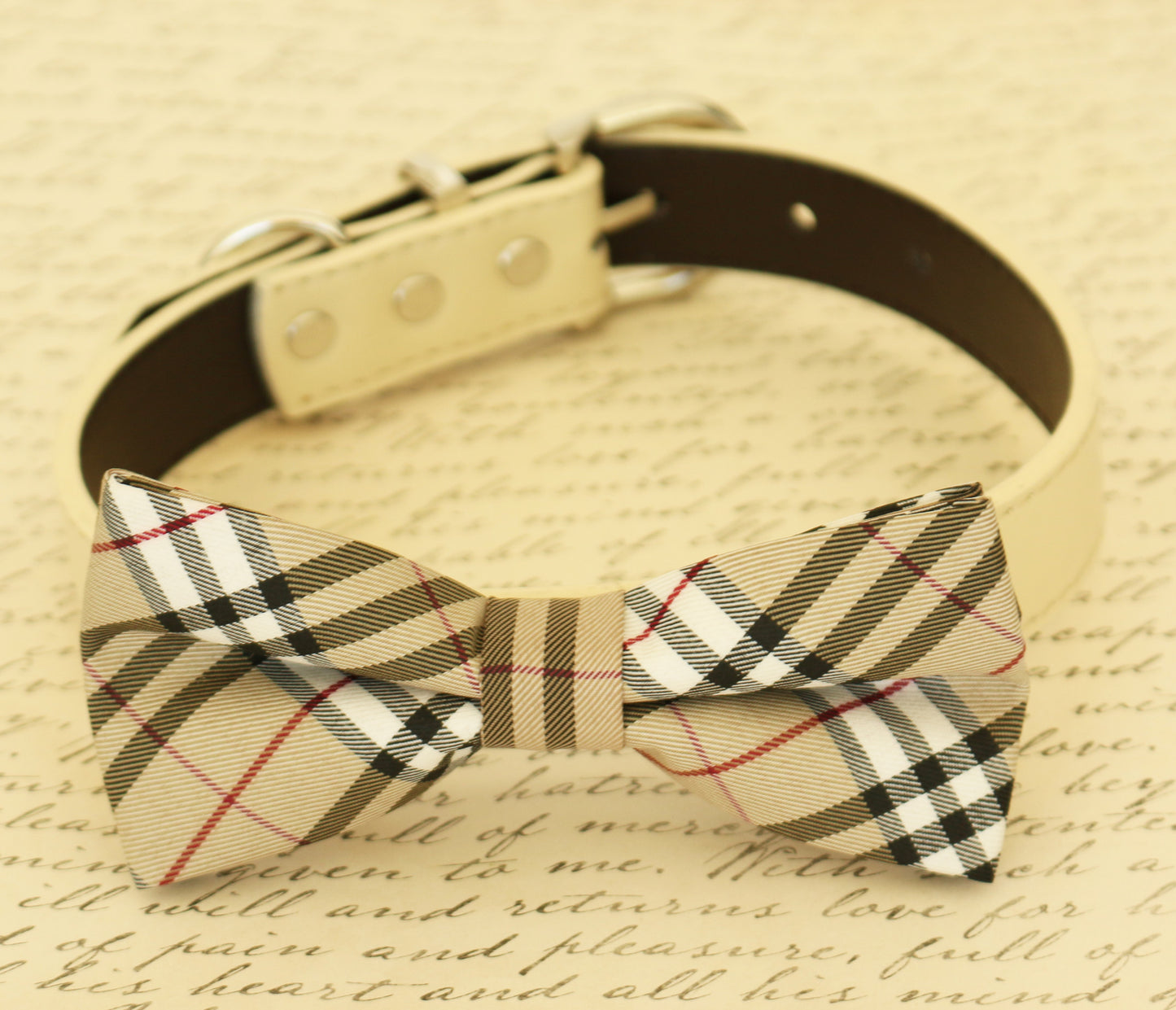 Plaid Burly wood Dog Bow Tie attached to collar, Wedding, Ivory, Pet accessory , Wedding dog collar
