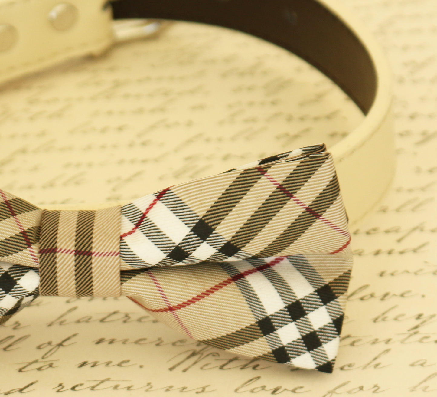 Plaid Burly wood Dog Bow Tie attached to collar, Wedding, Ivory, Pet accessory , Wedding dog collar