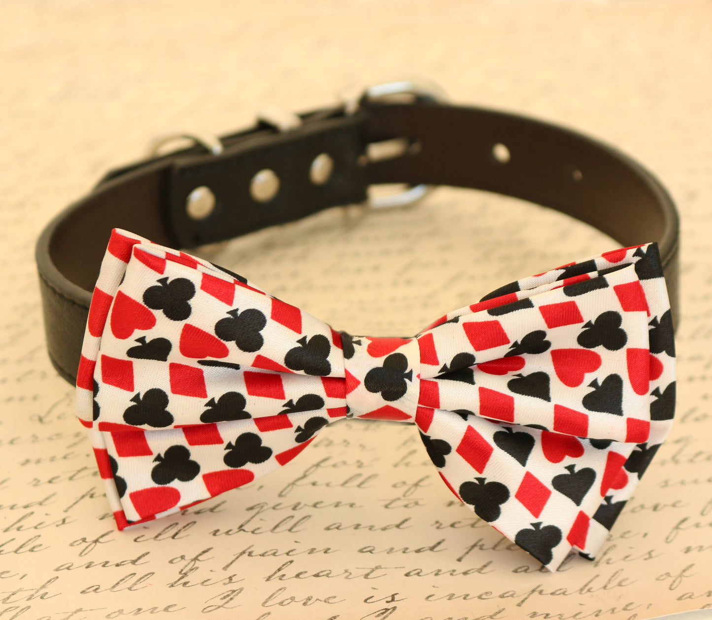 Hearts Diamonds, Black and Red dog bow tie collar, Alice In Wonderland wedding , Wedding dog collar