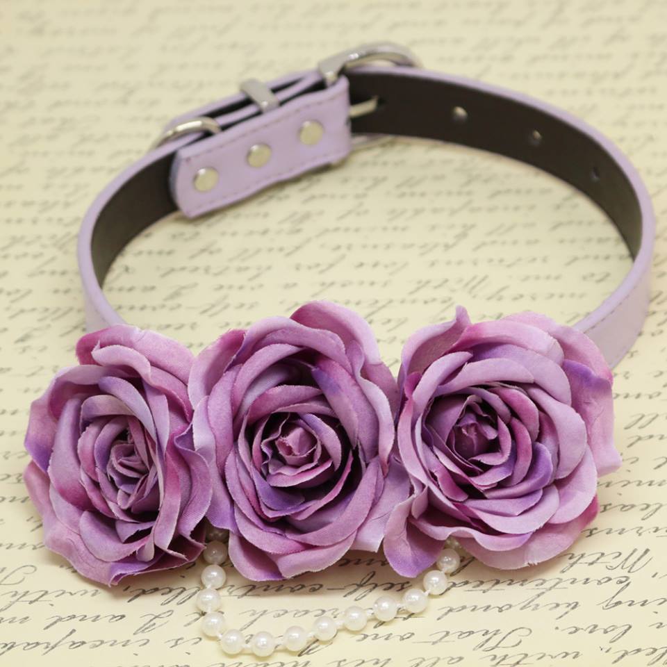 Purple Floral dog Collar, Flowers and Pearls, Wedding pets accessory, Puppy Love , Wedding dog collar